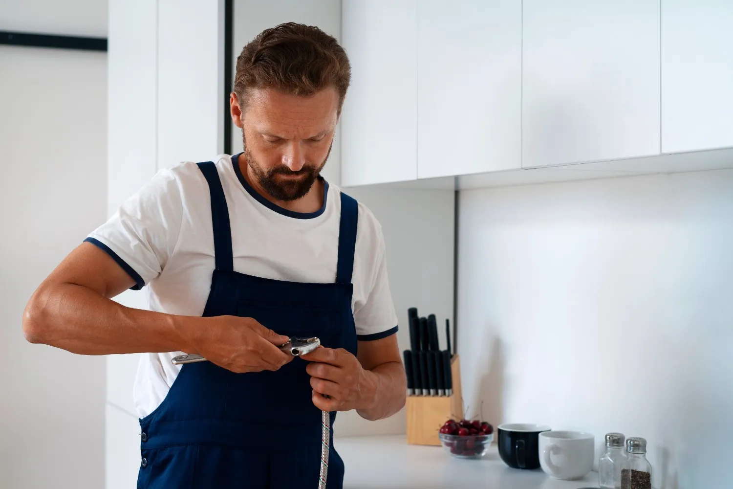Technicien raccordant ou réparant un tuyau d'eau flexible dans une cuisine.